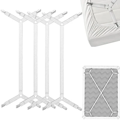 Image of FeelAtHome Bed Sheet Holder Straps Criss Cross Sheets Stays Suspenders Keeping Fitted Or Flat Bedsheet in Place for Twin Queen King Mattress Holders Elastic Clips Grippers Fasteners (4pcs, White)