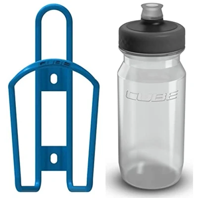 Image of Cube HPA Cage Matt Blue &amp; Grip Bottle Clear, 500ml / Lightweight Bicycle Cycling Cycle Bike MTB Mountain Road Water Drink Flask Bidon Bracket Mount Holder Carrier Part HPC HPP Set Accessories