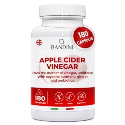 Image of Bandini® Apple Cider Vinegar Complex 1860mg High Concentration, 180 Vegan Capsules with Mother, Unfiltered, Probiotics, Turmeric, Pepper, Ginger, 2 Month Supply