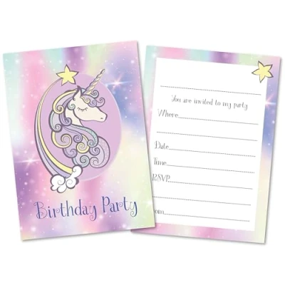 Image of (Pack of 40) Purple Unicorn Childrens Birthday Party Invitations Double Sided (NO ENVELOPES)