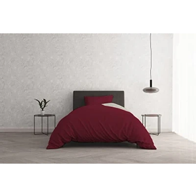 Image of Italian Bed Linen Duvet Cover Set “Natural Doubleface Solid Colour Bag Sheet and Pillowcase, Burgundy/Cream, Small Double