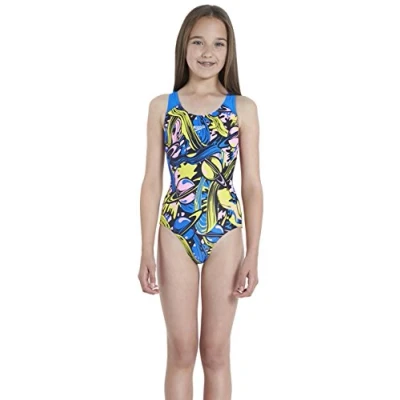 Image of Speedo Girls&#039; Allover Splashback Print 47 Swimsuit Navy/Wild Lime/Bondi Blue , 24&quot;