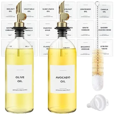 Image of Spaceneat Olive Oil Dispenser Bottle for Kitchen, Coffee Syrup Elegant Bottles Kitchen Glass Cooking Dispenser, Container, Cruet with Pourer Spout Set of 2pcs, Gold