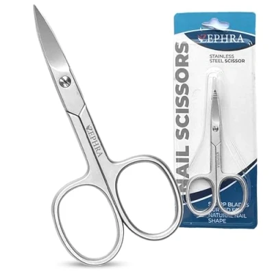 Image of Zephra Nail Scissors Curved Shape Sharp Cuticle Multipurpose for Toenails, Eyebrows Stainless Steel Manicure Professional Women &amp; Men (Silver)