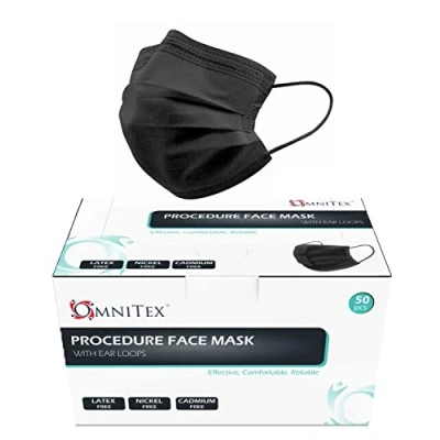 Image of Omnitex British Brand BLACK 3ply Premium Type IIR Disposable Surgical Face Mask EN14683:2019 98% Filtration, Fluid Resistant, Medical 2R with Ear Loops Pack of 50