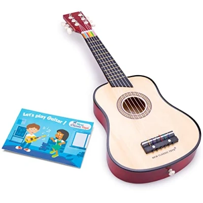 Image of New Classic Toys 10304 Wooden Guitar Toy for Toddlers 3 Boys and Girls Baby Gifts, Kids Musical Instruments Childrens Three Year Old Inclusive Musicbook, Red, 10345, Natural, Delux Naturel