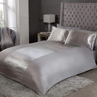 Image of Sleepdown Satin Stripe Grey Panel Band Luxury Soft Cosy Plain Reverse Duvet Cover Quilt Bedding Set with Pillowcases Super King (220cm x 260cm), Polyester