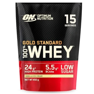 Image of Optimum Nutrition Gold Standard 100% Whey Muscle Building and Recovery Protein Powder With Naturally Occurring Glutamine BCAA Amino Acids, Vanilla Ice Cream Flavour, 15 Servings, 450 g