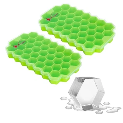 Image of Vinsani 2 Pack Ice Cube Hexagon Tray with Clear Removable Lid Easy Release Silicone Flexible Moulds LFGB Certified and BPA Free Stackable Durable Green