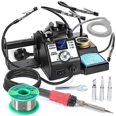 Image of YIHUA 926LED IV EVO 110W soldering Station 90 480C Kit with 4 helping hands, 1 magnifier LED, solder wire dispenser, 3 extra tips, 35g lead free wire(UK PLUG)