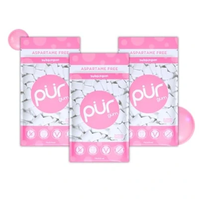 Image of PUR Gum Sugar Free Chewing Made with Xylitol Vegan, Aspartame Free, Gluten &amp; Keto Friendly Natural Bubblegum Flavoured Gum, 55 Pieces (Pack of 3)