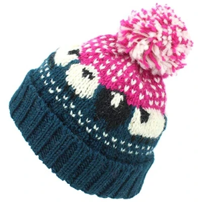 Image of LOUDelephant Wool Knit Bobble Beanie Hat Sheep Teal Pink