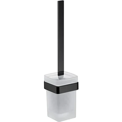 Image of EMCO Loft Toilet Brush Set, with Aluminium Holder and Handle Crystal Glass Container, for Wall Mounting, Matte Black Satin Finish