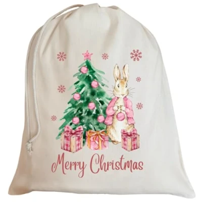 Image of Second Ave Cute Pink Bunny Rabbit Christmas Sack Cotton Drawstring Xmas Santa Bag Gift Girls