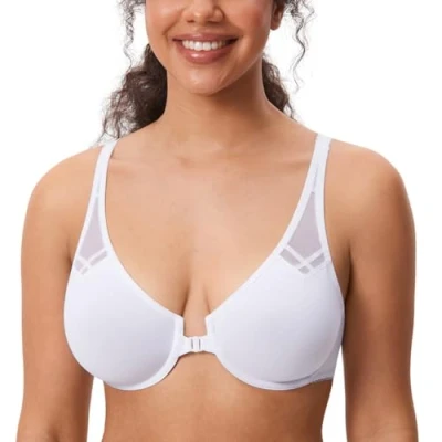 Image of Delimira Women&#039;s Front Fastening Bras Underwire Non Padded Plunge Racer Back Comfort Plus Size Bra White 42C