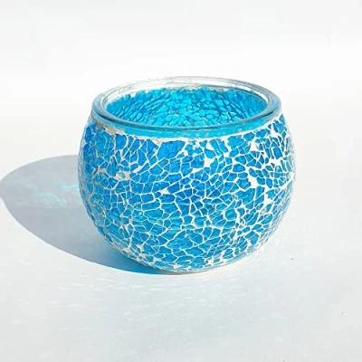 Image of Mosaic Glass Candle Holder Vintage Jar Tealight Holders, Home Decoration with upto 8 Hour Burn Tea Light Candles (Blue Crackle)