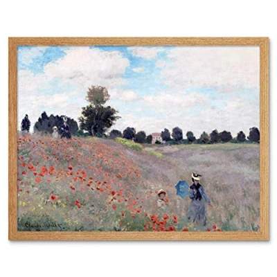Image of Claude Monet Poppy Field Stroll Art Print Framed Poster Wall Decor 12x16 inch