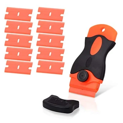 Image of Ehdis Plastic Scraper with 10 Razor Blade, Adhesive Remover, Sticky Remover for removing Lable, Glue, Decal in the Glass, Window, Floor, Orange