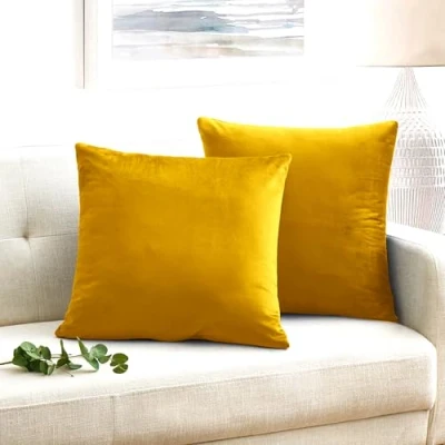 Image of Oxford Homeware Velvet Cushion Covers Pack of 2 Decorative Square Throw Pillow Cases Sofa for Bedroom Couch Living Room with Invisible Zipper (Ochre, 18 x Inch)