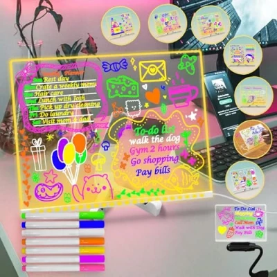 Image of Fanrui 15.75x11.81 Light up Memo,LED Message Board with 7 Colors Pen,Dimmable Acrylic Dry Erase Stand,Illuminated Desktop Note Memo Wordpad,Arts Doodle Notepad for Kids Home School Office