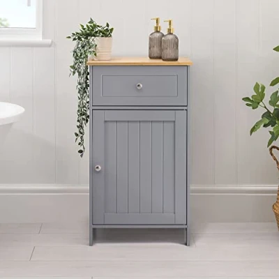 Image of CHRISTOW Grey Bathroom Storage Cabinet with Bamboo Top, Free Standing Unit Cupboard and Drawer (77cm x 43cm 34cm)
