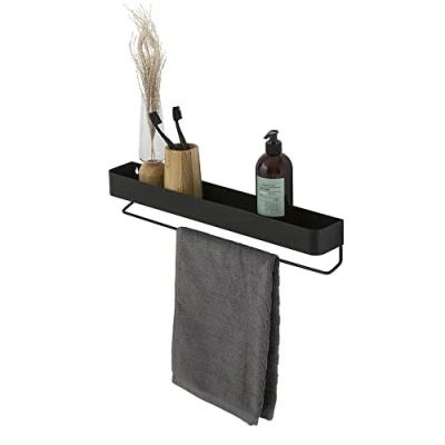 Image of Sealskin Wall Tray with Towel Rail, Metal, Black, 55 cm