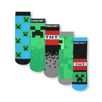 Image of Minecraft Boys Socks Set of 5 Childrens Character Calf with Creeper and TNT All Over Print in Black, Green Blue Kids Pack for Gamers Mojang Games Merchandise Gift