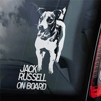 Image of Jack Russell on Board Car Sticker Russel Terrier JRT Dog Sign Decal Vinyl Window Bumper Stickers Die Cut Decals Present