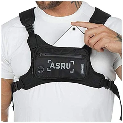 Image of Mens Chest Bag Hip Hop Waist Front Tactical Pack with Phone Hole Reflective, Waterproof Adjustable Vest for Sports Hiking Camping Fitness Travel (Black)