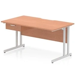 Image of Impulse 1400 x 800mm Scalloped Edge Straight Office Desk Beech Top Silver Cantilever Leg Workstation 1 Drawer Fixed Pedestal