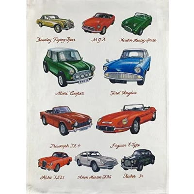 Image of Half a Donkey Hand Drawn British Classic Cars Large Cotton Tea Towel