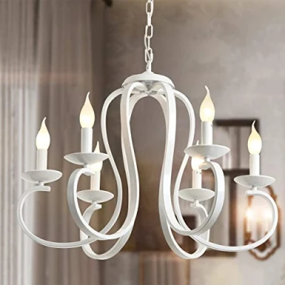 Image of Ganeed French Country Chandelier,6 Light White Candle Style Chandeliers,Vintage Metal Pendant Chandelier Ceiling Lighting Fixture for Dinner Table,Island Kitchen,Living Room