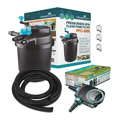 Image of AllPondSolutions Pressurised Koi Fish Pond Filter Complete KIT with Pump and UV Steriliser Light All in one Ponds Up to 5000 litres PFC
