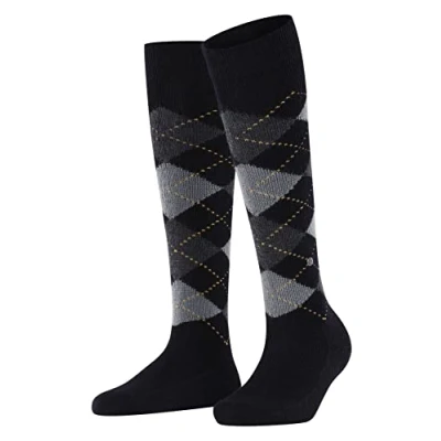Image of 1 Pair Black / Grey Light Whitby Extra Soft Argyle Knee High Socks Ladies 3.5 7 Burlington