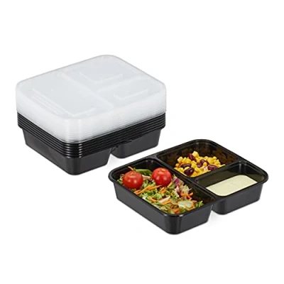 Image of Relaxdays Meal Prep Containers, Set of 10, 3 Compartments, Microwave Safe, 1000 ml, Reusable, Plastic Lunch Box, Black, 4.5 x 21.5 18.5 cm