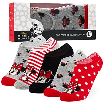 Image of Disney Invisible Socks Girls No Show Minnie Mouse Kids 5 Pack (Grey/Red)