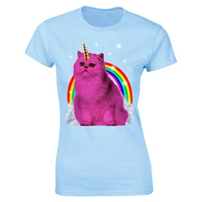 Image of Unicorn Cat Rainbow Magical Funny Womens T Shirt Sky Blue UK 14 16 (XXL)