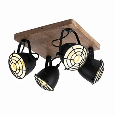 Image of Eglo Ceiling lamp Gatebeck, 4 Light Vintage, Industrial, Retro, Spotlight Made of Steel in Black and Wood Natural Colour, Living Room lamp, Kitchen with E14 Socket