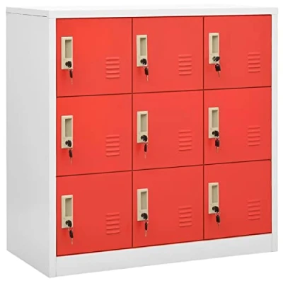 Image of Susany Locker Cabinet, Office Workplace Metal Cabinet Storage Bathroom Shelf, Organiser, With 9 Lockers, Light Grey and Red 90x45x92.5 cm Steel, Type C