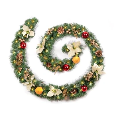Image of Best Artificial 12ft/360cm Copper &amp; Bronze Decorated Christmas Garland With 100 Led Battery Lights, Gold Dusted Acorns for Fireplace, Bannister, Stairs