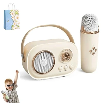 Image of Karaoke Machine for Kids, Mini With 2 Wireless Microphones, Kids Girls, C20 Machine, Retro Speaker Set Stereo Sound Party (1 Mic,Beige)