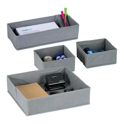 Image of Storage Box, Drawer Set, 4 Piece Organiser for Wardrobe, Office Desk, Closet Space, 3 Different Sizes, Grey Relaxdays