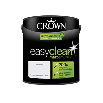 Image of 2.5L CROWN Easy Clean MATT Emulsion Multi Surface Paint That can be Used on Walls, Ceilings, Wood and Metal. Stain &amp; Scrub Resistant Formula Clay White
