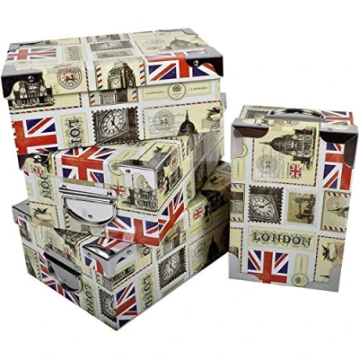 Image of 2J London,Set Of 3 Printed Cardboard Storage Boxes Decor UK, England, London With Metal Angles And Handles. Sizes: W 42x30x16 cm M 40x20.5x15 S 38x26.5x14