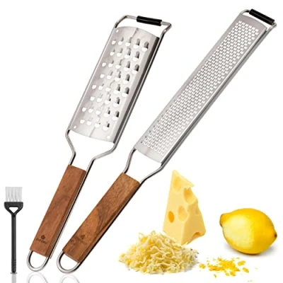 Image of Exitoso Stainless Steel Kitchen Grater Set with Wooden Handle, Brown Zester, Cheese, Spice, Lemon Grater, Parmesan Dishwasher Safe