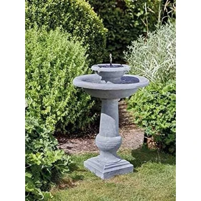 Image of Garden Mile Resin 2 Tier Cascade Solar Powered Water Feature Chatsworth Fountain with Stone Effect Freestanding Bird Bath Outdoor Ornaments for Garden, Patio, Lawn Decor