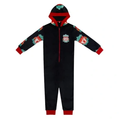 Image of Liverpool FC Official Football Gift Kids Fleece Hooded All in One Black 8 9 Years