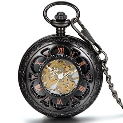 Image of JewelryWe Half Hunter Pocket Watch with Chain Black Dial Steampunk Mechanical Hand Wind Movement
