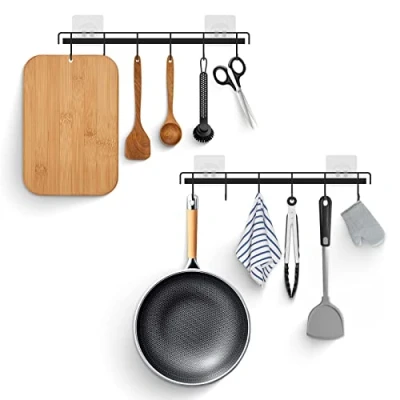 Image of Hangerspace Utensil Rack Kitchen Holder Rail with 6 Hooks Space Saving No Drilling Wall Mounted Self Adhesive for Bathroom Bedroom（Black）
