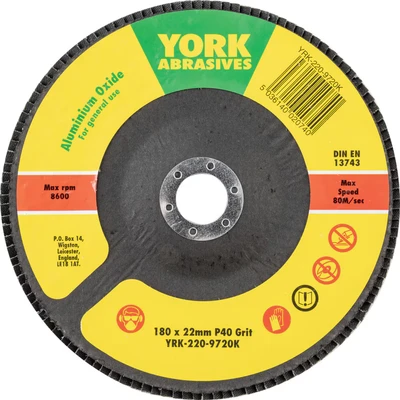 Image of York 180 X 22MM Conical Flap Discs, Aluminium Oxide Fibre Backed P40